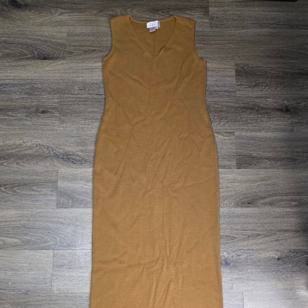 Adrianna Papell Womens S Knit Maxi Dress Mustard Tan V-Neck Sleeveles Wool Blend